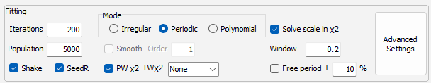 The fit settings of X-Ray Calc: Iterations 200, Population 5000, Shake and SeedR ticked, the Mode group with Periodic selected, the Smooth box grayed out, PW chi-squared ticked, TW chi-squared set to None, the Advanced Settings button, Solve scale in chi-squared ticked and Window 0.2