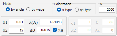 The calculation settings panel: Mode by angle or by wave, Polarization s-type or sp-type, N, theta1, theta2, lambda, delta theta and the 2theta box